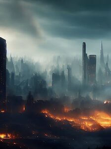 Das Bild zeigt eine brennende Stadt
