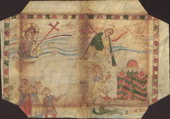 Handschrift Hs frag 18, 1r, spätkarolingisches Fragment eines illustrierten Beda-Kommentars zur Apokalypse