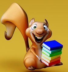 Das Bild zeigt ein Comic-Eichhörnchen mit Büchern