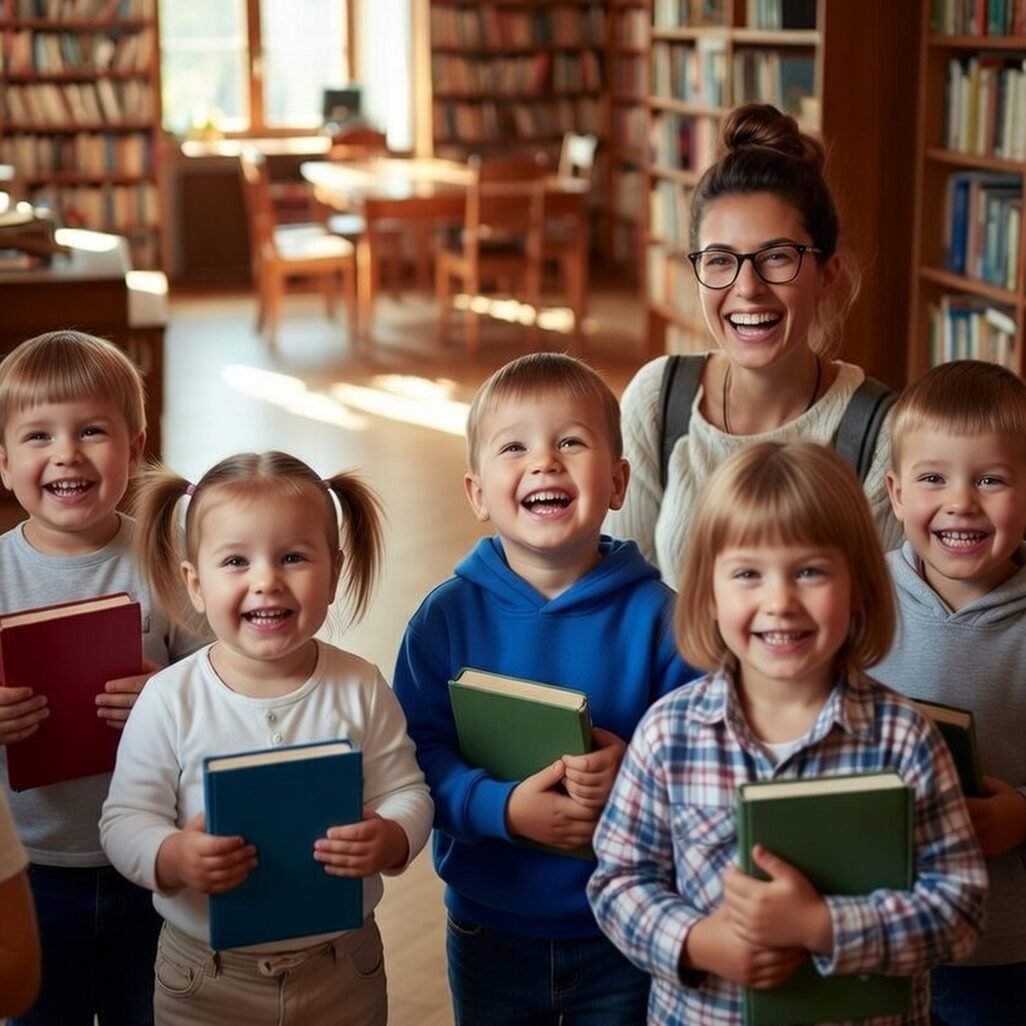 Das Bild zeigt eine Frau mit Kindern in einer Bücherei