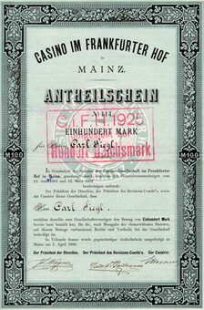 Casino in Frankfurter Hof, Mz, Anteilschein über 100 Mark, 1889