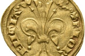 Alte Goldmünze, in der Mitte eine Lilie , am Rand Schrift zu erkennen © Stadtarchiv Mainz, MK / 304 r