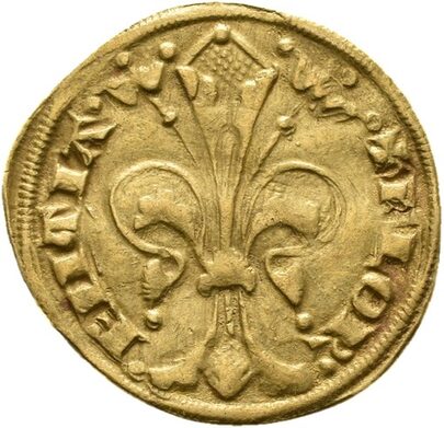 Gulden der Stadt Florenz, 1311, Vorderseite. Abgebildet ist das Wappen von Florenz, die Lilie, mit der Umschrift "FLORENTIA".
