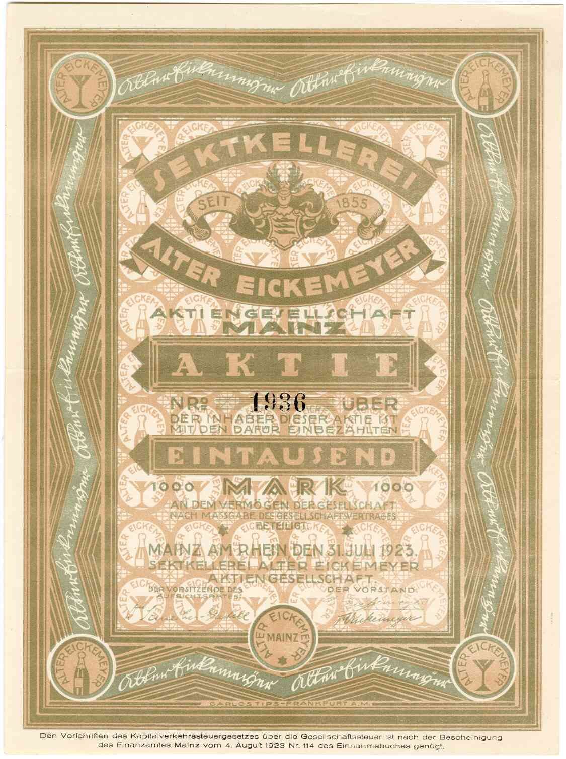 Sektkellerei Alter Eickemeyer AG Mz, Aktie 1.000 Mark